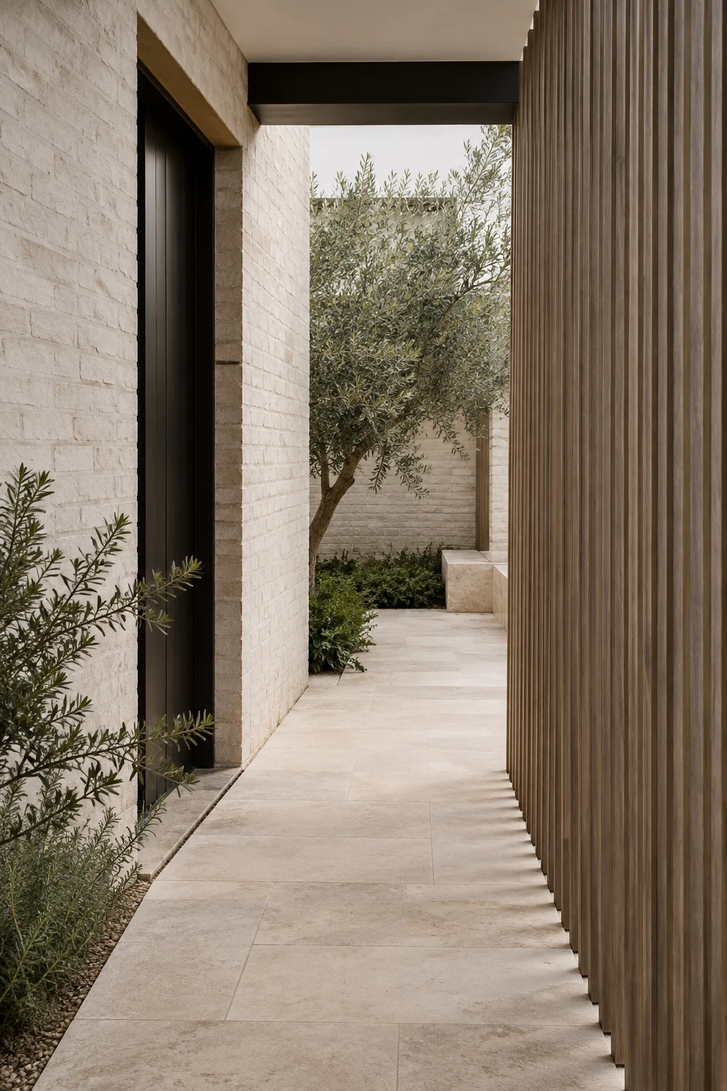 Quiet courtyard passage with pale brick and natural timber