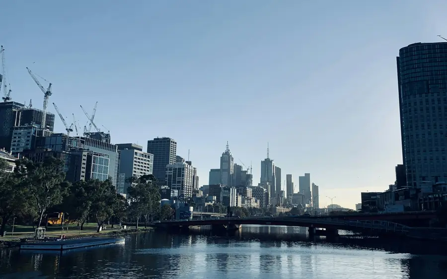 Melbourne skyline across the Yarra at dusk
